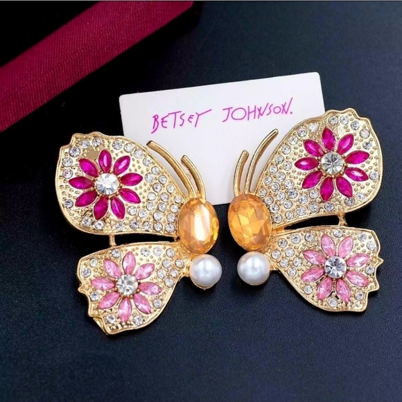 Large Retro Gold Plated Muticolor Crystal flower butterfly earrings - Picture 6 of 16